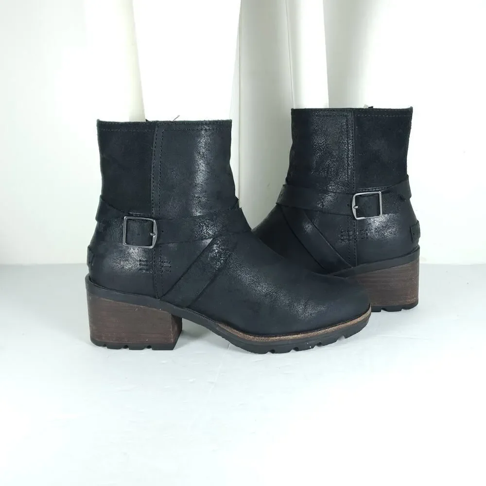 Sorel Women’s Cate US7 Black Leather Waterproof Side Zip Strappy Ankle Boots